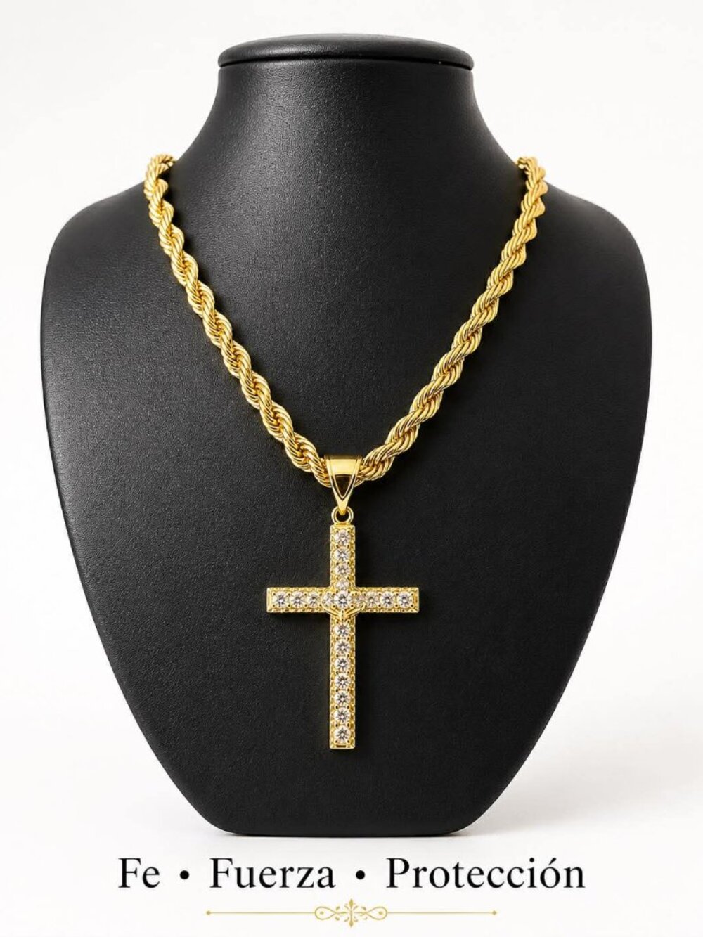 14K GP Jesus Christ Cross Crucifix Pendant CZ, Rope Torch Chain 22-Inch 6mm